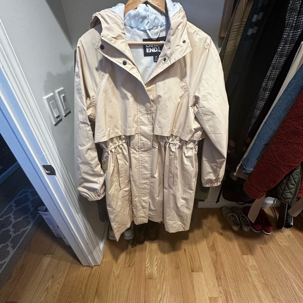 Lands End Hooded 100% Water & Windproof Trench Coat with Drawcord Waist